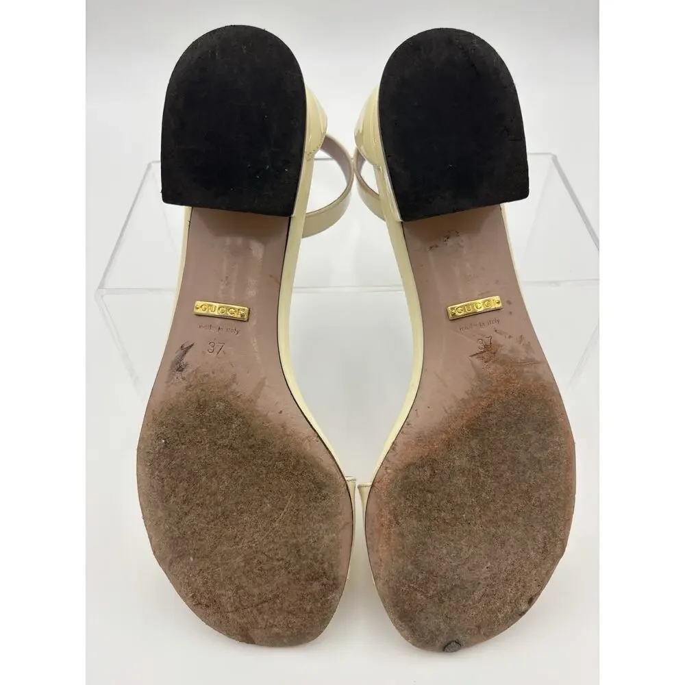 Gucci Horsebit Sandals Cream Patent Leather Size 37 / 7 Adjustable Ankle Strap - Picture 6 of 16